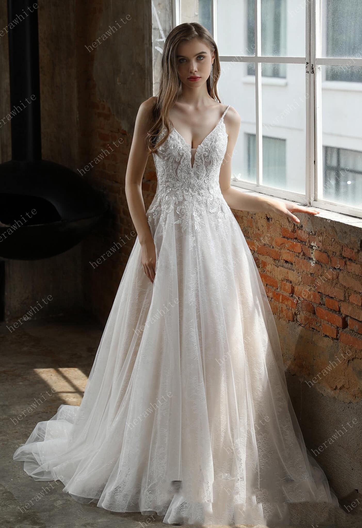 Trendy Spaghetti Straps Beaded Appliqued A-line Wedding Gown TWA5502