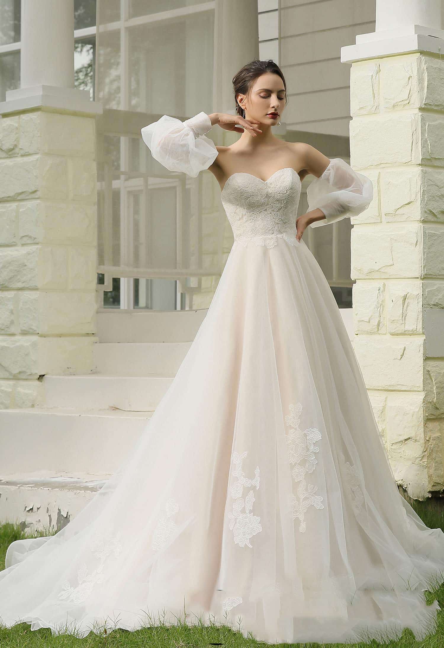 Classic A Line Strapless Bridal Gown With Detachable Bishop Sleeves 